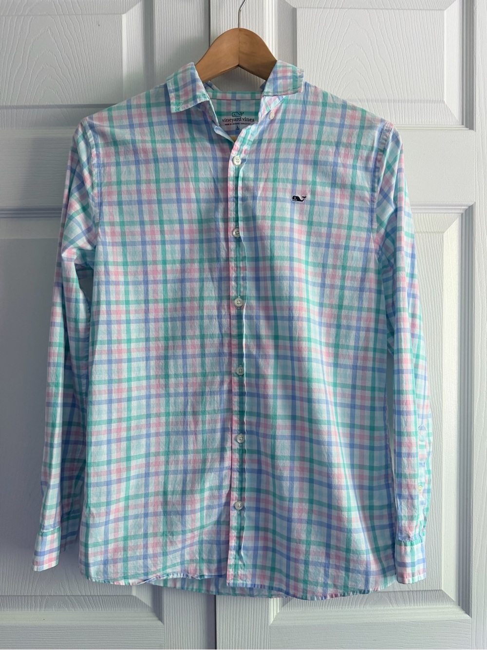Vineyard Vines Boys Large 16 Pastel Plaid Whale Shirt Button Front Cotton Preppy